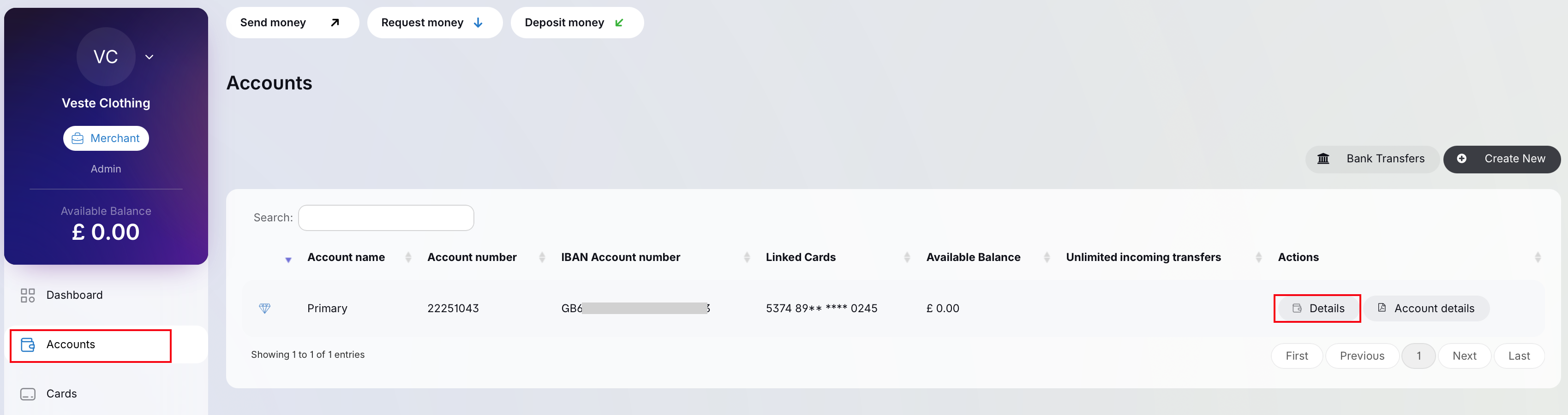 Accounts>Account details