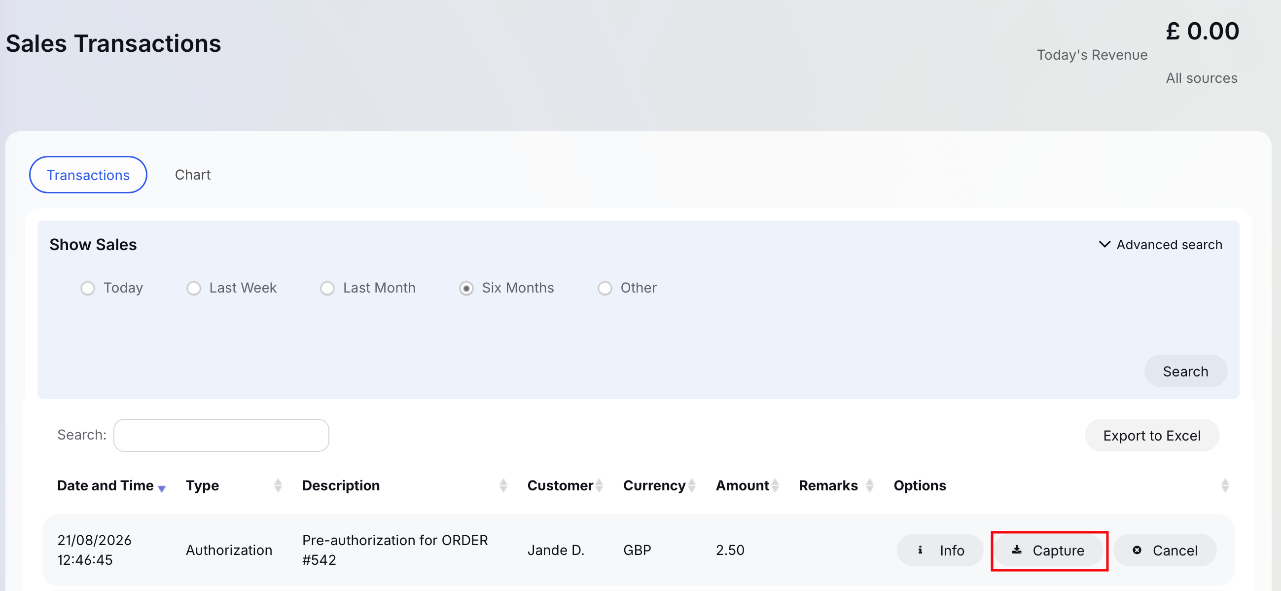 Capture button next to sales transaction