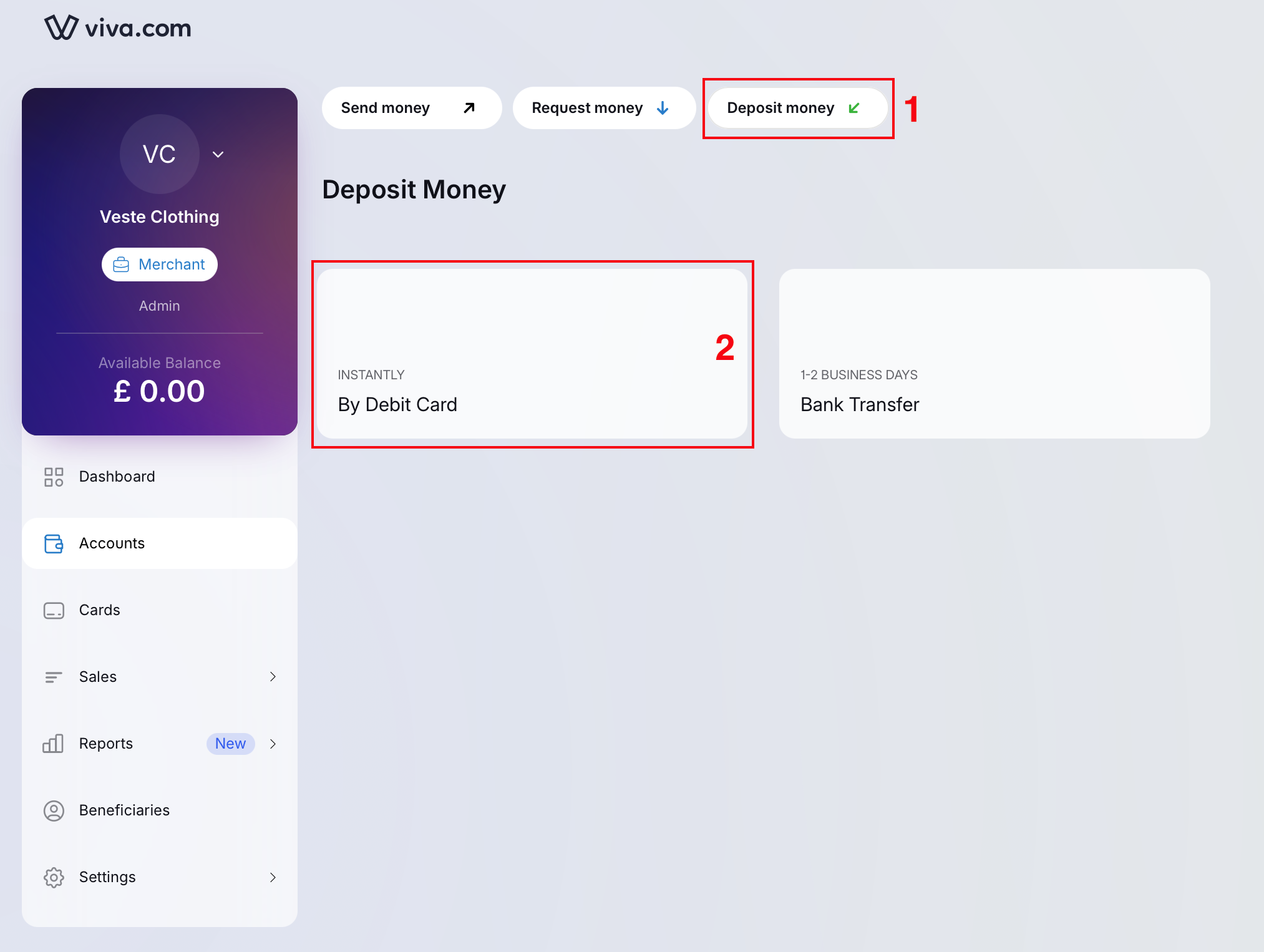 Log in to Viva and select the Deposit Money option