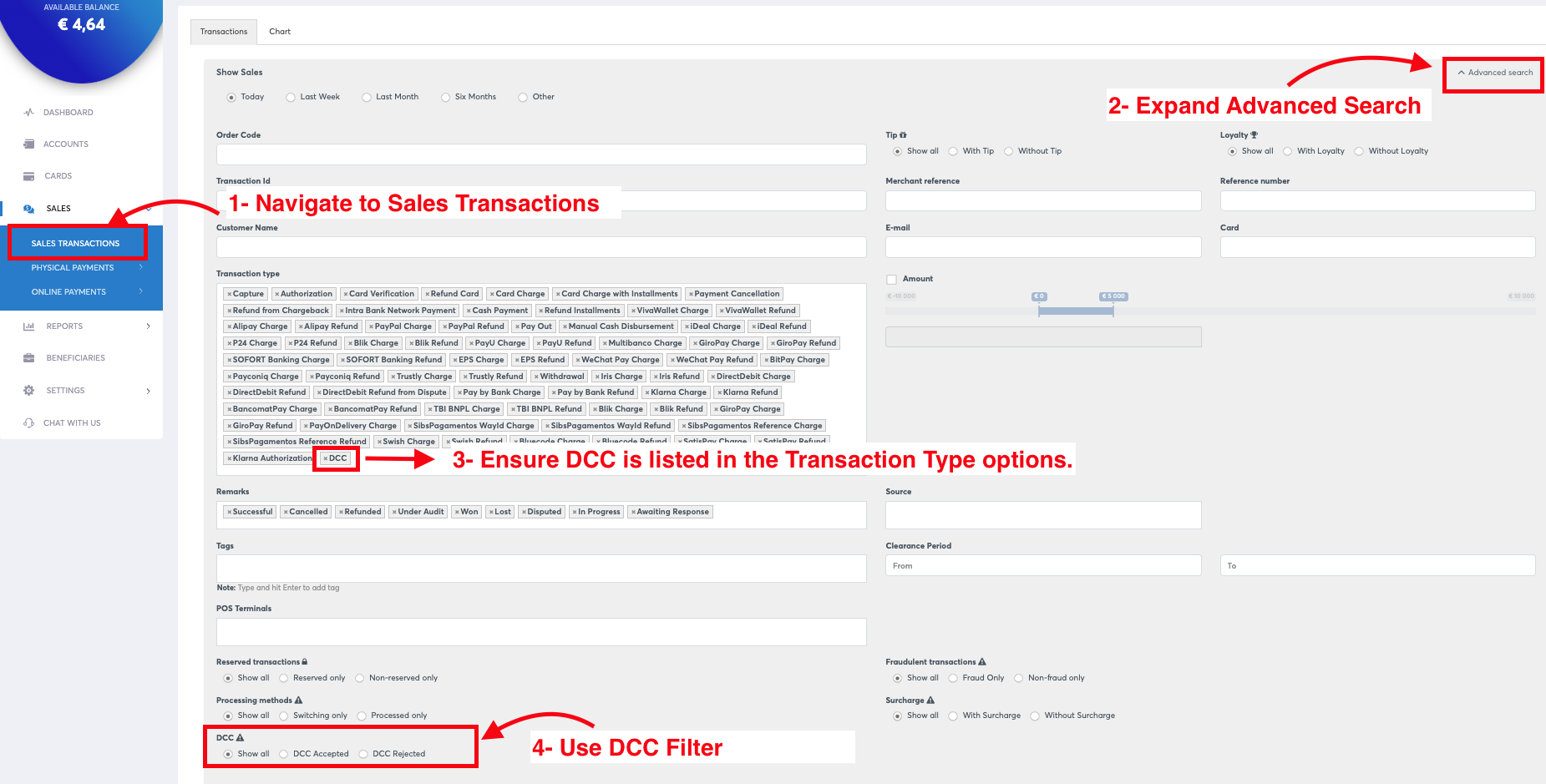 DCC transactions- Advance search