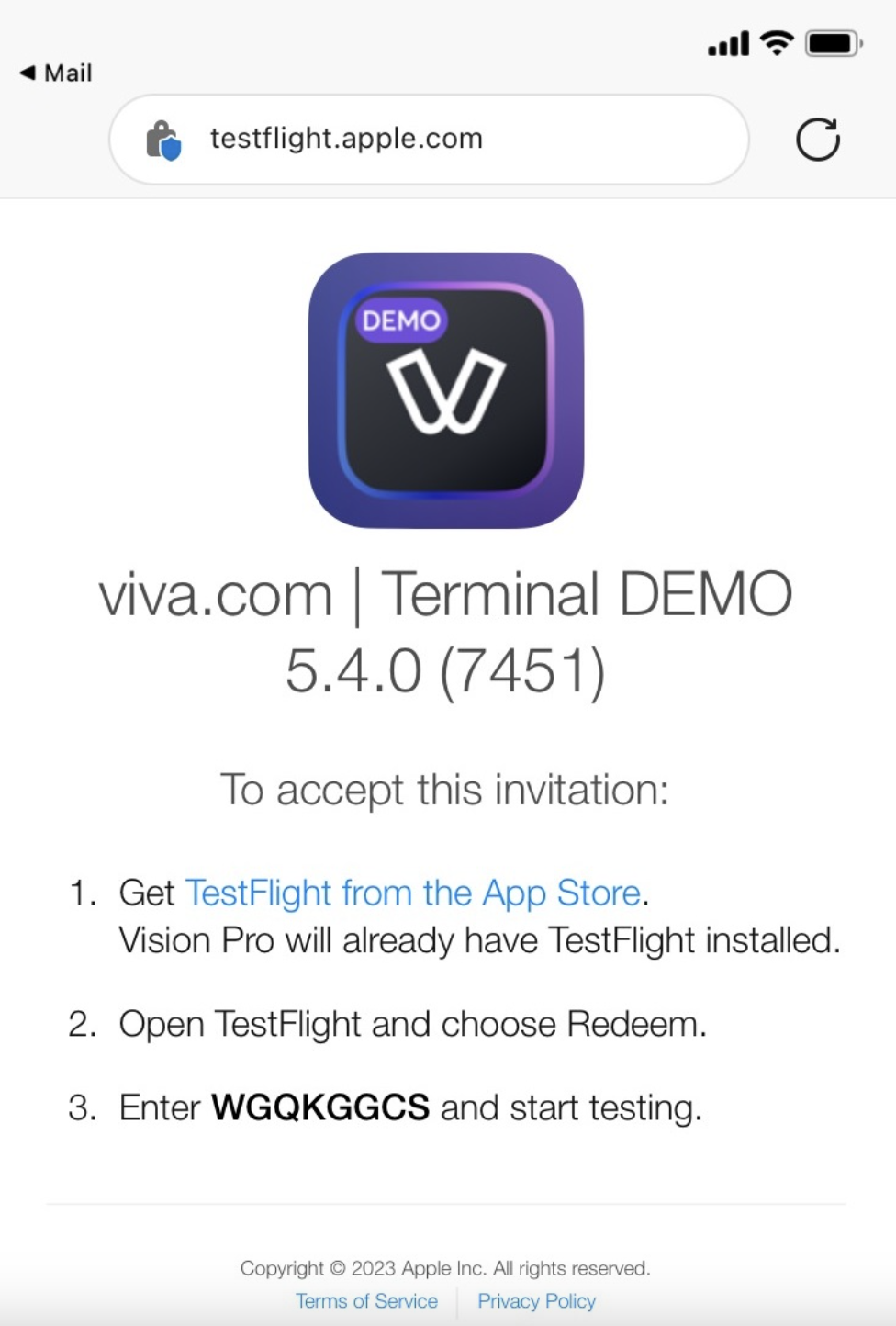 'viva.com | Terminal' application - TestFlight page