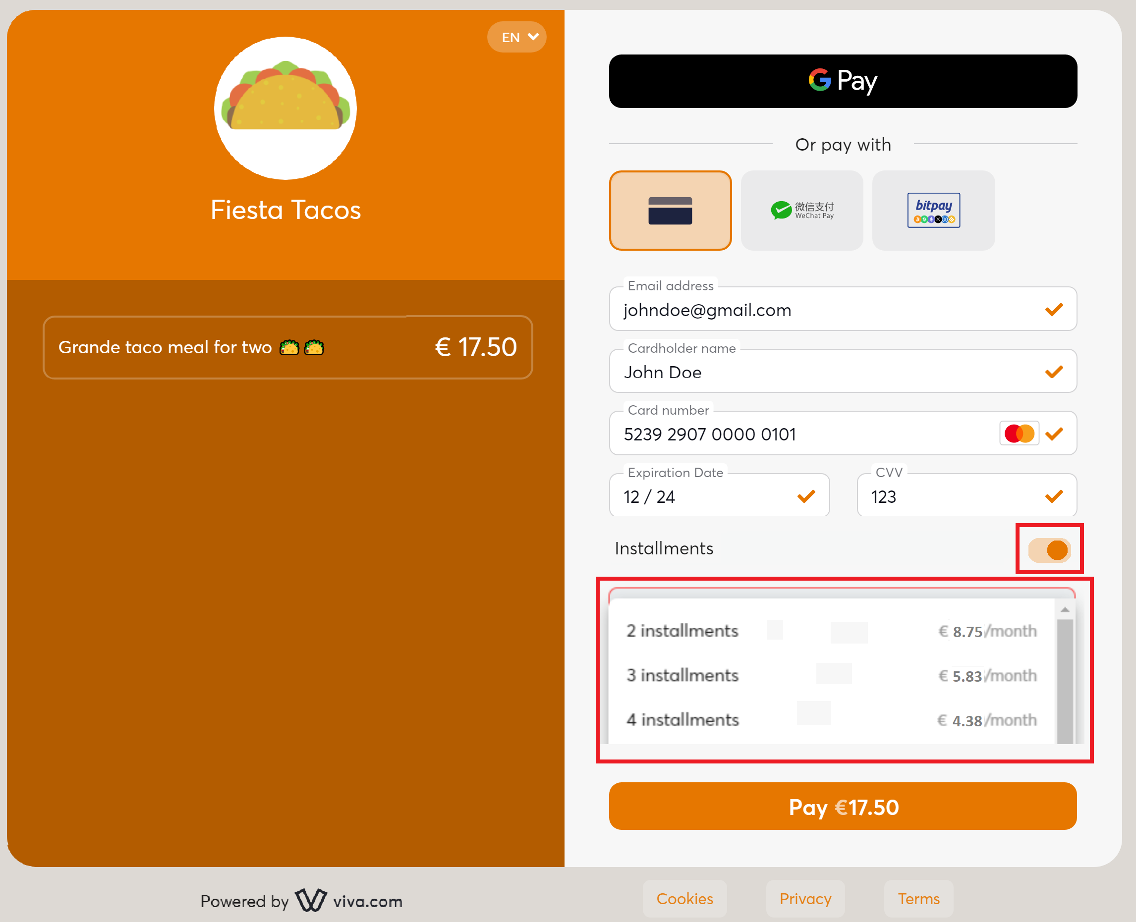 Smart Checkout with installments dropdown