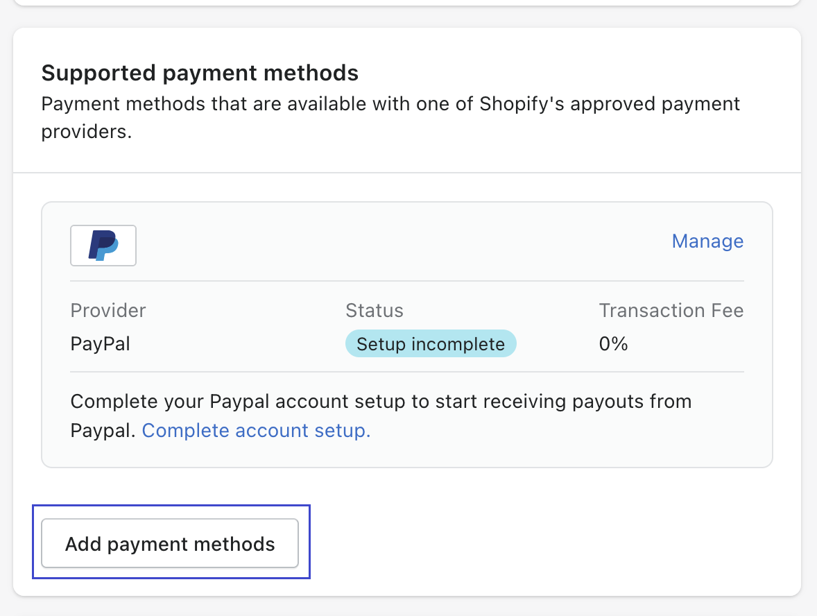 Shopify add payment methods